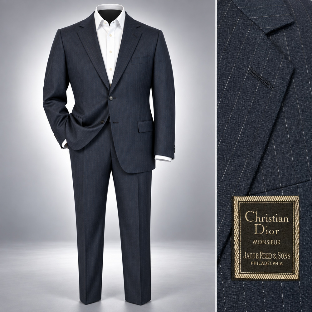 Vtg Christian Dior Monsieur 42-44R 39x30 Blue Stripe Suit + Bill Blass Vest